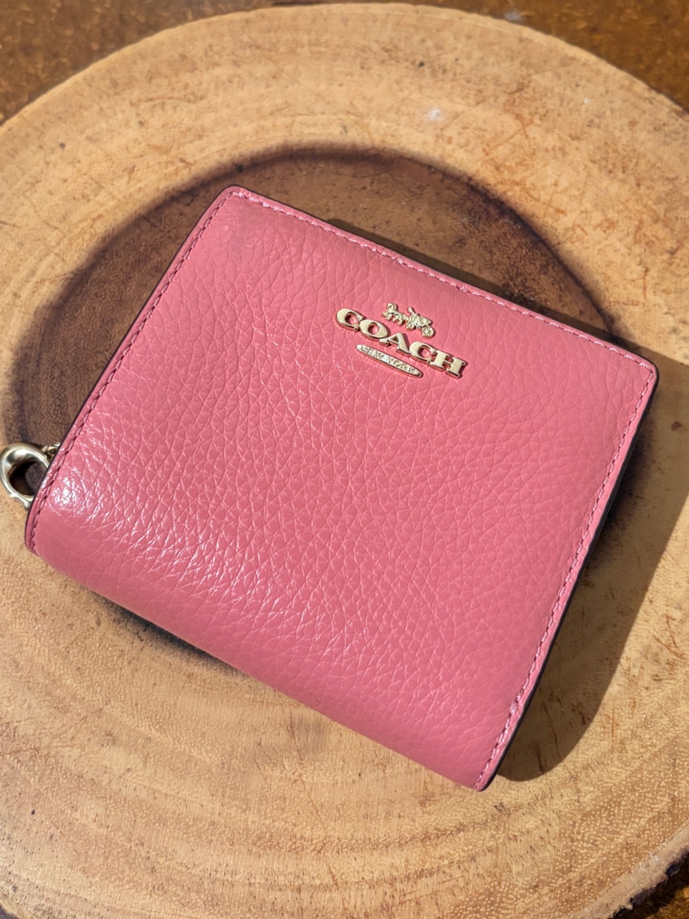 Coach Pink Pebbled Leather Compact Wallet with Gold Logo